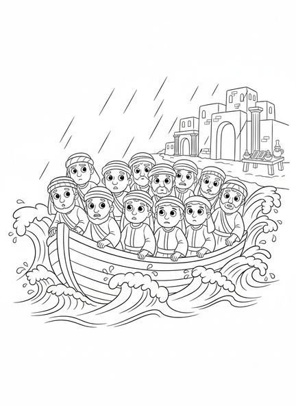 Discípulos em um barco, página de colorir dos Doze Discípulos para crianças da Escola Dominical de 5 a 12 anos