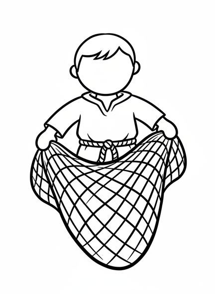 Pêcheur tenant un filet, page à colorier des Douze Disciples pour les tout-petits de 2 à 3 ans