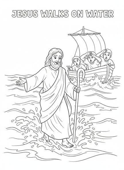 Jesús caminando sobre el agua, página para colorear de Jesús caminando sobre el mar para niños de 5 a 10 años.