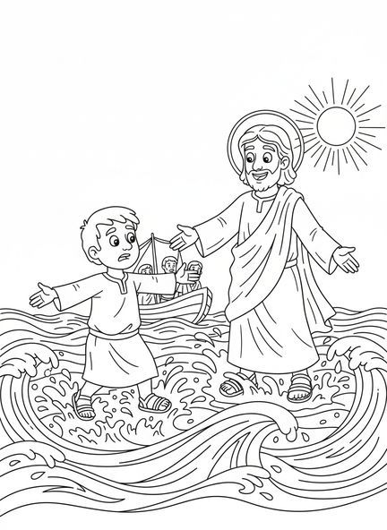 Pedro caminando sobre el agua, página para colorear de Pedro hundiéndose en el agua para niños de 5 a 10 años.