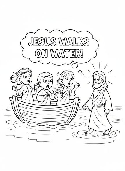 Pedro y los discípulos en la barca, Pedro Caminando Sobre el Agua, página para colorear para niños de 5 a 10 años