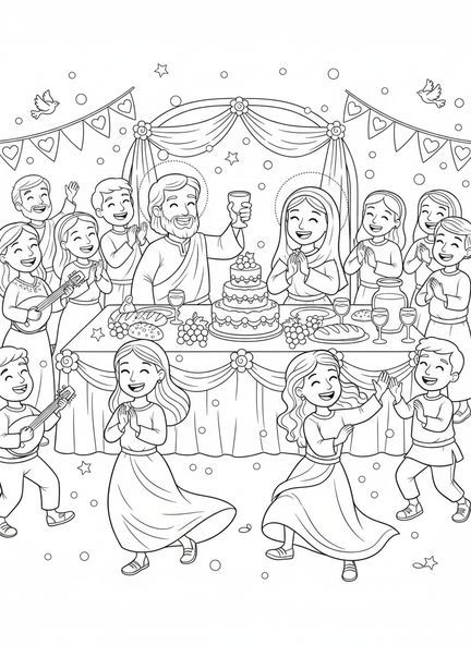 Jesus e Maria, Casamento em Caná Página para colorir Jesus Maria no Casamento para crianças de 5 a 10 anos.