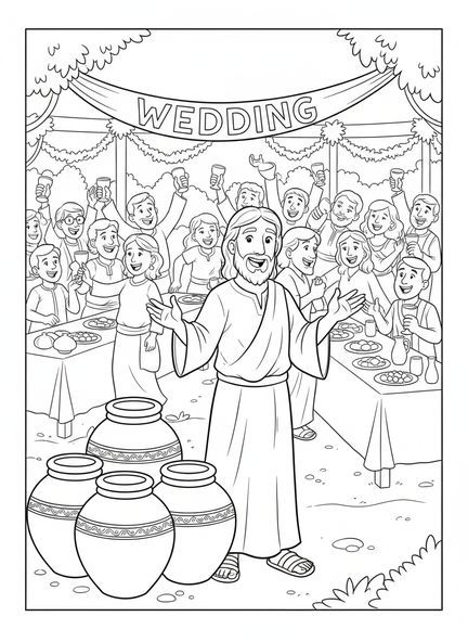 Jesus mit Wasserkrügen, Ausmalbild zur Hochzeit zu Kana für Kinder im Alter von 5-10 Jahren
