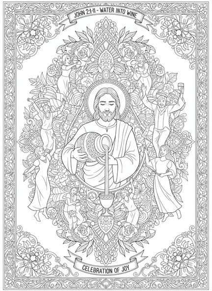 Jesus mit einem Wasserkrug, Ausmalbild zur Hochzeit zu Kana im Stil des Bibeljournaling für Erwachsene.