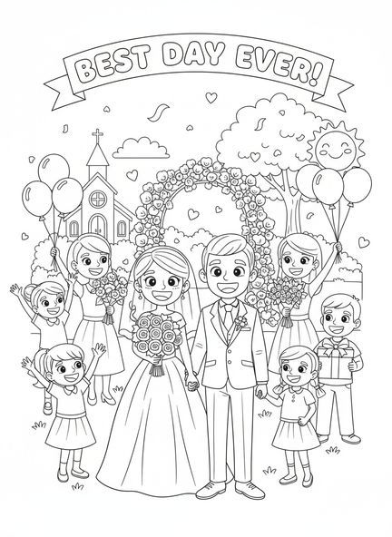 Braut und Bräutigam lächeln, Ausmalbild zur Hochzeit zu Kana für Kinder im Alter von 5-10 Jahren.