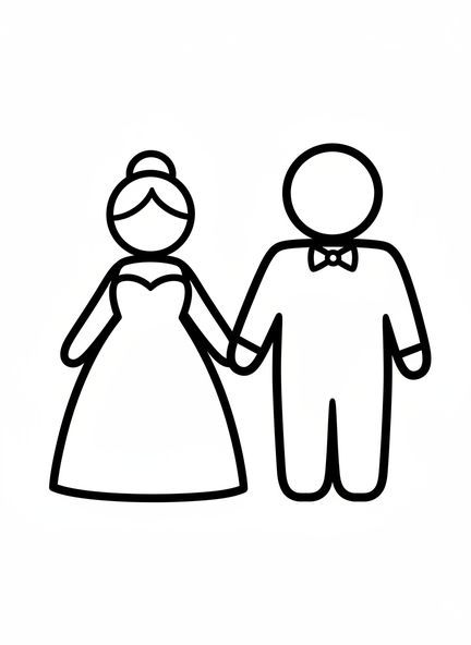 Figuras grandes de noiva e noivo, página para colorir do Casamento em Caná para crianças de 2 a 3 anos