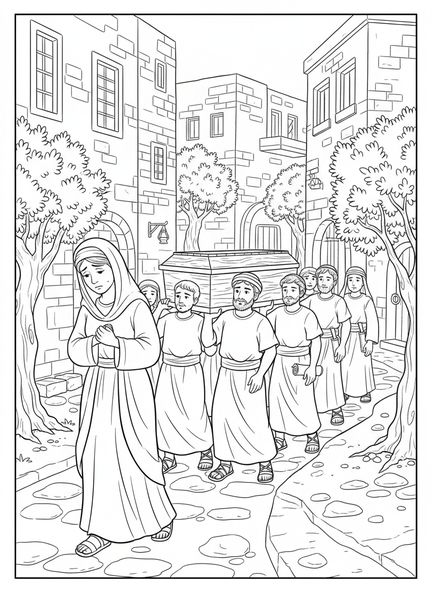 Viuda en duelo liderando una procesión, página para colorear de la Viuda de Naín para niños de Escuela Dominical de 5 a 12 años.
