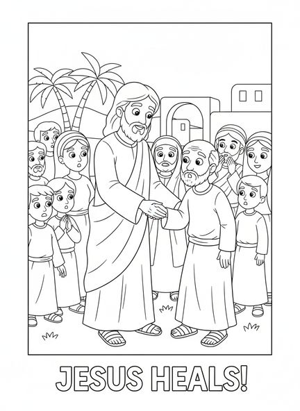 Jesus hält die verwelkte Hand eines Mannes, Ausmalbild zur verwelkten Hand für Kinder im Alter von 5-10 Jahren.
