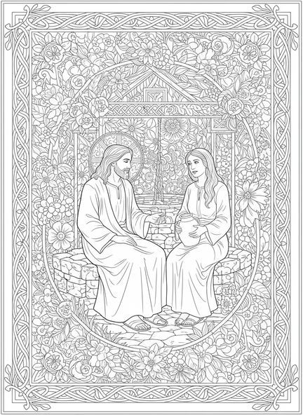 Jésus et la femme au puits, page à colorier Femme au Puits pour le journal biblique pour adultes.