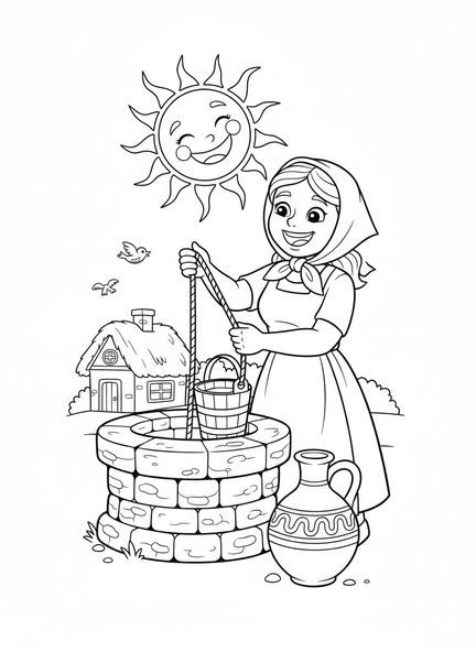 Femme joyeuse puisant de l'eau, page à colorier Femme au Puits pour les enfants de 5 à 10 ans.