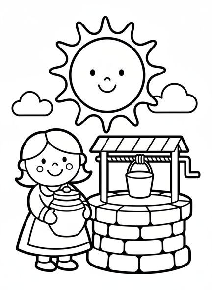 Femme souriante, page à colorier de la Femme au Puits pour les préscolaires de 3 à 5 ans