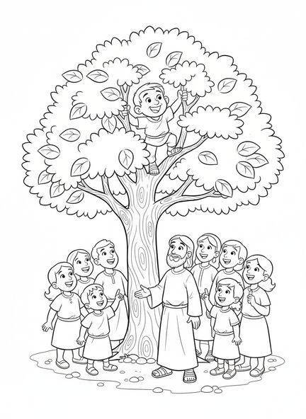 Zaqueo en un árbol, Zaqueo Jesús llamando a Zaqueo para que baje, página para colorear para niños de 5 a 10 años