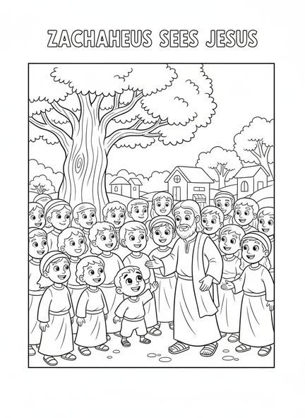 Zachäus auf Zehenspitzen, Zachäus klettert auf einen Baum Ausmalbild für Kinder im Alter von 5-10 Jahren