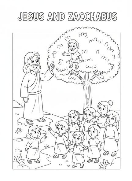 Jesus, der sich zu Zachäus streckt, Zachäus gibt zurück Ausmalbild für Kinder im Alter von 5-10 Jahren