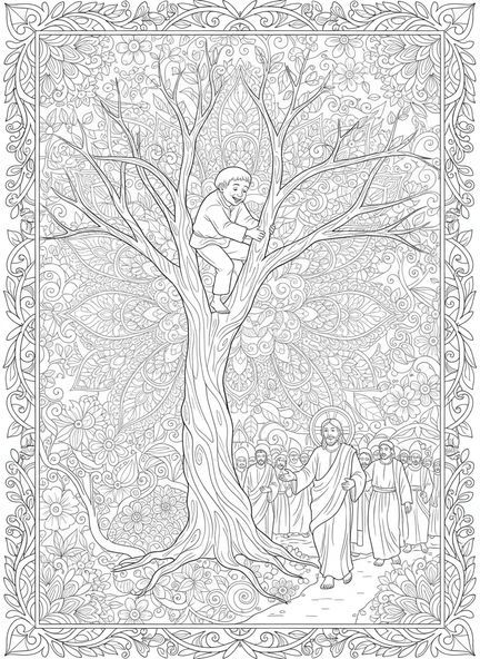 Zacchaeus, der einen Baum erklimmt, Ausmalbild für Erwachsene im Bibel-Journaling-Stil.
