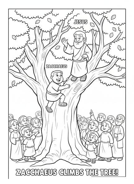 Zacchaeus klettert auf einen Baum, Ausmalbild von Zacchaeus für Kinder im Alter von 5-10 Jahren