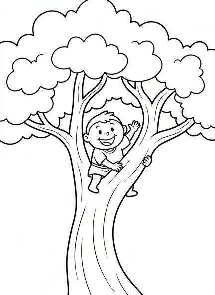 Zaqueo sonriendo en el árbol, página para colorear de Zaqueo para niños de 3 a 5 años