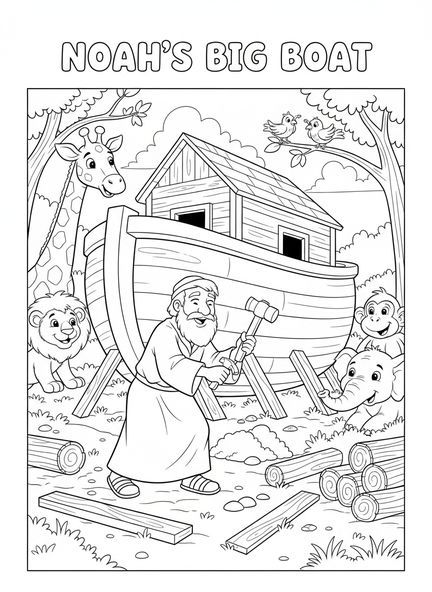 Noah baut die Arche, Malvorlage zur Gehorsamkeit für Kinder im Alter von 5-10 Jahren