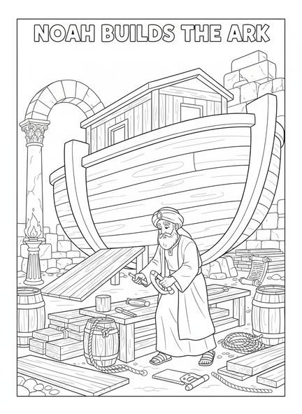 Noah baut die Arche, Ausmalbild über Gehorsam für Kinder in der Sonntagsschule im Alter von 5-12 Jahren
