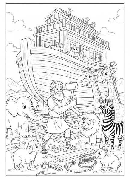 Noé construisant l'arche, page à colorier de la Bible pour enfants de 5 à 10 ans.