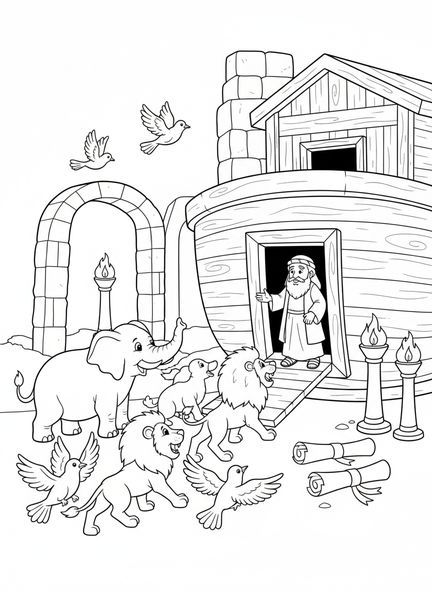 Pares de elefantes y leones, página para colorear de la Biblia de 66 libros para niños de Escuela Dominical de 5 a 12 años.