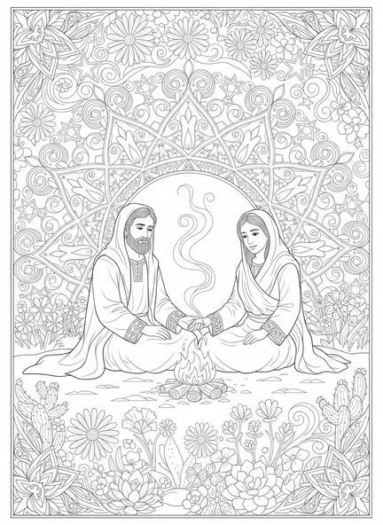 Abraham und Sarah, Ausmalbild von Abraham und Sarah im Stil des Bibel-Journalings für Erwachsene.