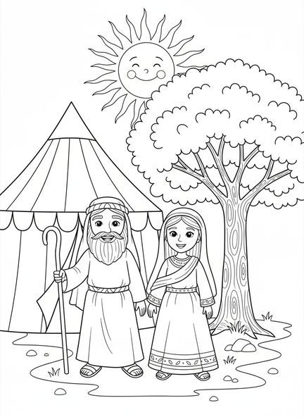 Abraham und Sarah lächeln, Ausmalbild von Abraham und Sarah für Kinder im Alter von 5-10 Jahren.