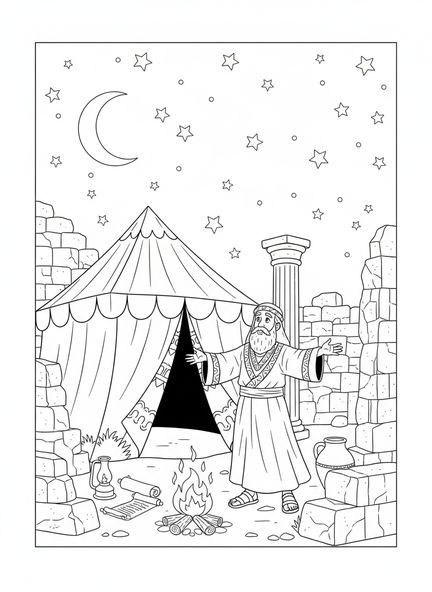 Abraham, der die Sterne betrachtet, Ausmalbild von Abraham und Sarah für die Sonntagsschule für Kinder im Alter von 5-12 Jahren.