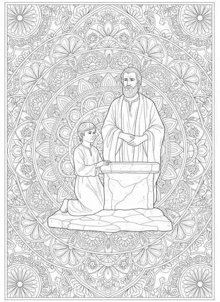 Abraham bereitet sich darauf vor, Isaak zu opfern, Ausmalbild für Erwachsene im Bibel-Journaling-Stil.
