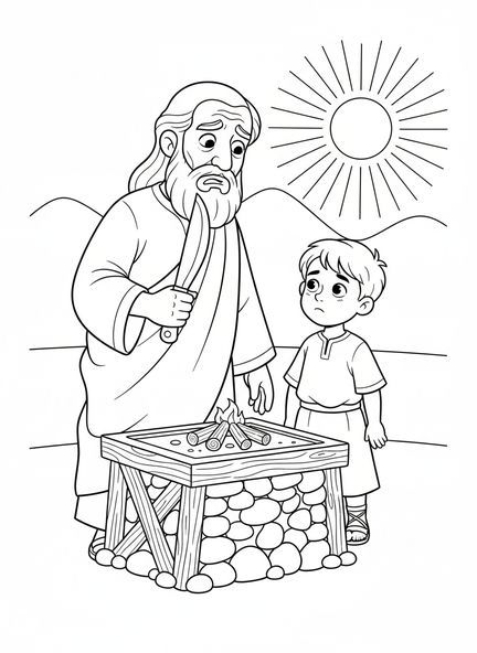 Abraham und Isaak, Ausmalbild über das Opfer von Abraham und Isaak für Kinder im Alter von 5-10 Jahren