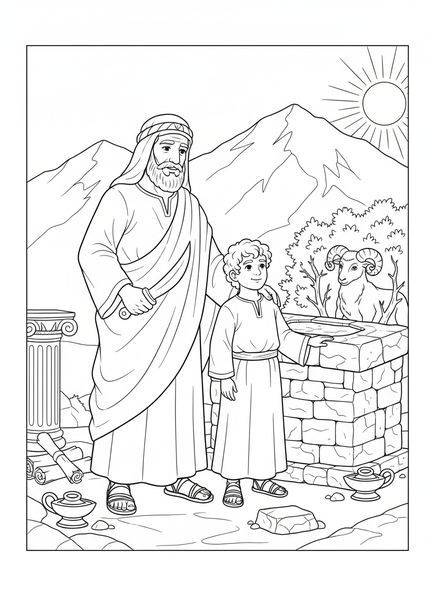 Abraham mit einem Messer, Ausmalbild zum Opfer von Abraham und Isaak für die Sonntagsschule für Kinder im Alter von 5-12 Jahren.