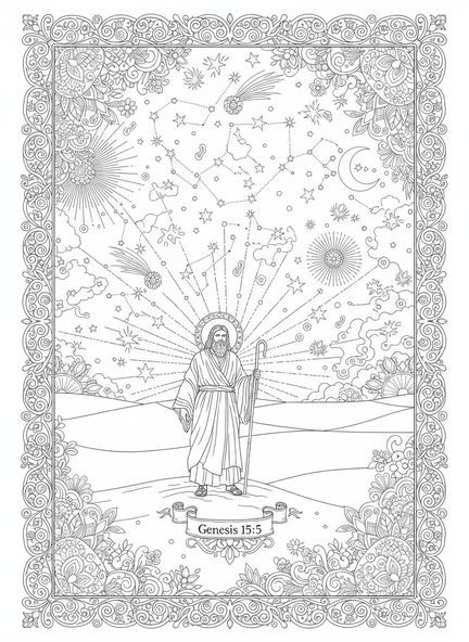 Abraham contemplant les étoiles, page à colorier Abraham Isaac pour adultes dans un style de journal biblique