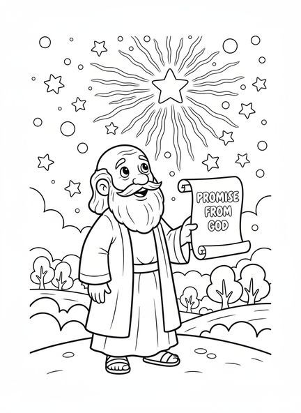 Abraham regardant les étoiles, page à colorier Abraham Isaac pour les enfants de 5 à 10 ans.