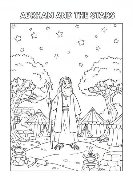 Abraham mirando las estrellas, página para colorear de Abraham e Isaac para niños de la Escuela Dominical de 5 a 12 años.