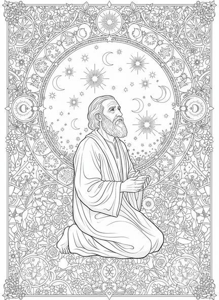 Abraham bajo un cielo estrellado, página para colorear de Abraham estilo journaling bíblico para adultos