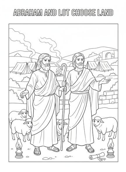 Abraham et Lot en discussion, page à colorier d'Abraham pour les enfants de l'École du dimanche âgés de 5 à 12 ans