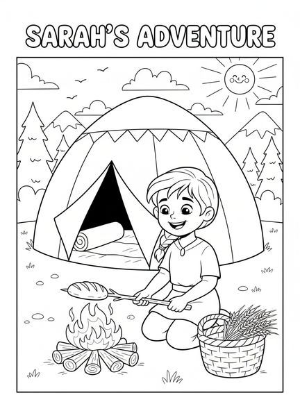 Sara cocinando pan fuera de la tienda, página para colorear de la tienda de Abraham para niños de 5 a 10 años.