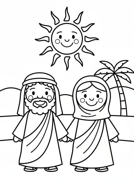 Abraham y Sara sonriendo, página para colorear de la tienda de Abraham para niños de 3 a 5 años