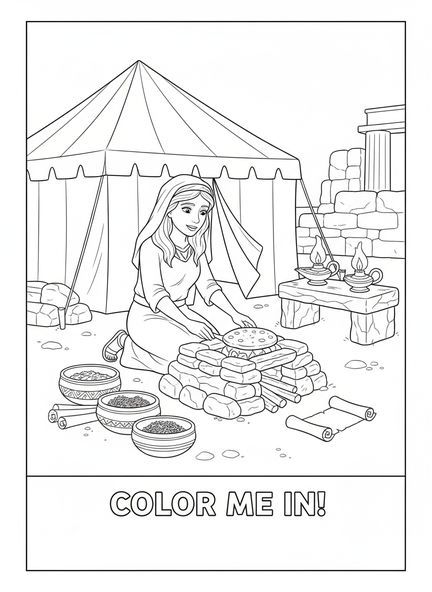 Sara cocinando pan fuera de la tienda, página para colorear de la tienda de Abraham para niños de Escuela Dominical de 5 a 12 años