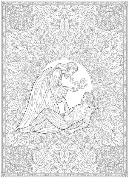 Gott haucht Adam Leben ein, Ausmalbild von Adam und Eva im Garten Eden für Erwachsene im Stil des Bibeljournalings.