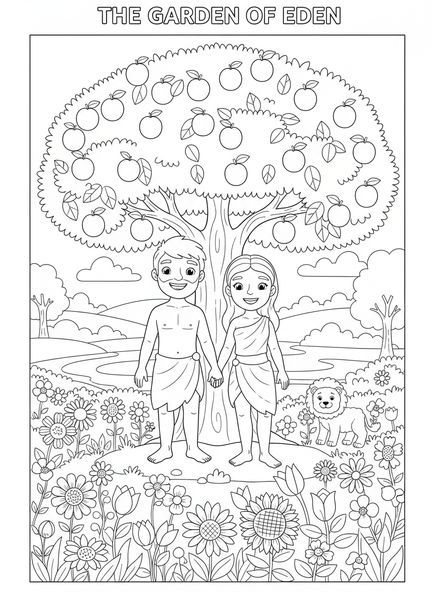 Adam und Eva unter einem Obstbaum, Ausmalbild für Kinder im Alter von 5-10 Jahren über Adam und Eva im Garten Eden.