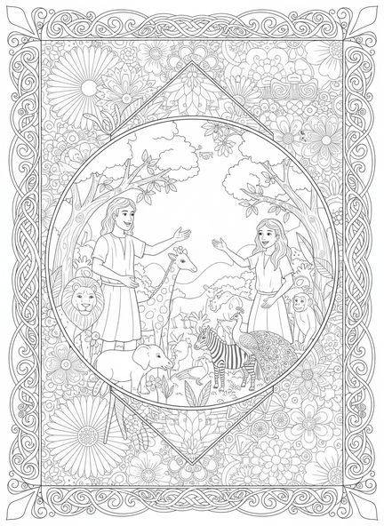 Adán y Eva nombrando animales, página para colorear Adán y Eva nombrando animales estilo diario bíblico para adultos.