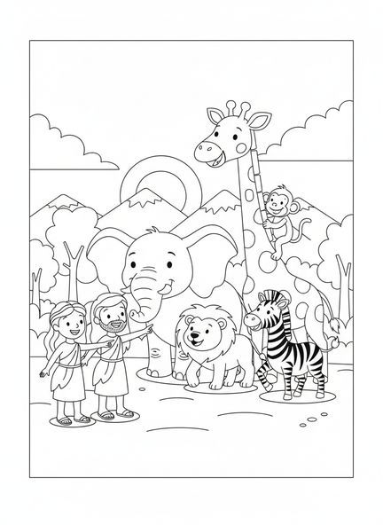 Grupo de animales acercándose, página para colorear de Adán y Eva nombrando a los animales para niños de 5 a 10 años.