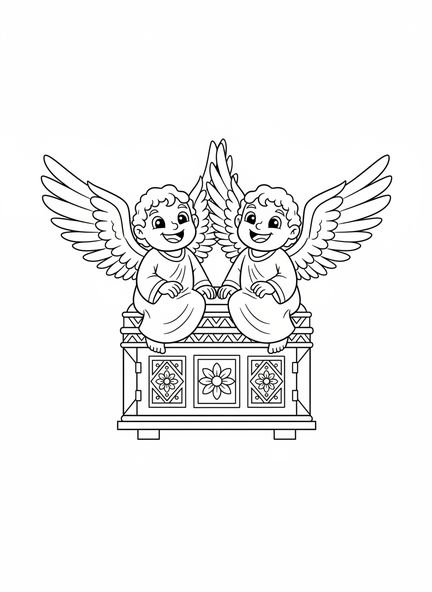 Dos querubines de dibujos animados, página para colorear de los Querubines del Arca de la Alianza para niños de 5 a 10 años.