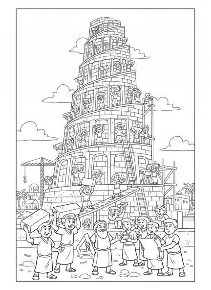 Groupe de travailleurs, page à colorier de la Tour de Babel pour les enfants de 5 à 10 ans.