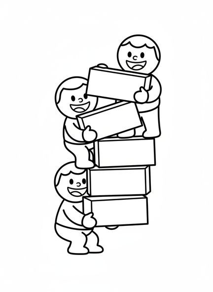 Groupe de bâtisseurs en dessin animé, page à colorier de la Tour de Babel pour les enfants d'âge préscolaire de 3 à 5 ans