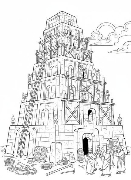 Ouvriers construisant la Tour de Babel, page à colorier de la Tour de Babel pour les enfants de l'École du dimanche âgés de 5 à 12 ans.