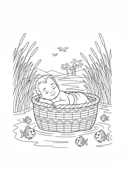 Bébé Moïse dans un panier, page à colorier Bébé Moïse dans un panier dans le Nil pour les enfants de 5 à 10 ans