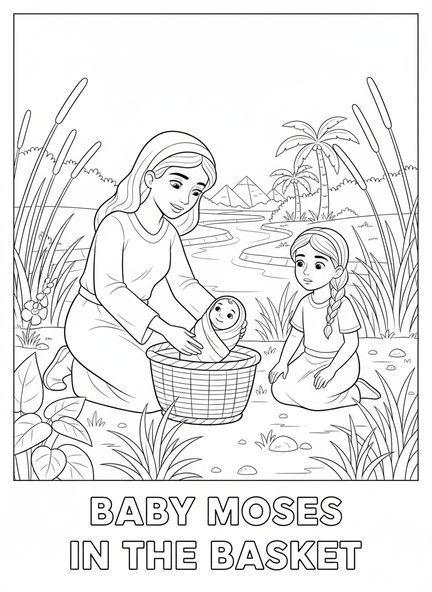 Eine Mutter, die das Baby Mose in einen Korb legt, Ausmalbild von Baby Mose für Kinder im Alter von 5-10 Jahren
