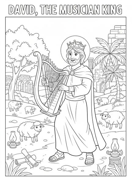 David tocando el arpa, página para colorear del Libro de Salmos para niños de la Escuela Dominical de 5 a 12 años.